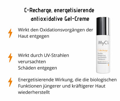 MyCli C-Recharge Double Energizing Antioxidant Treatment für Gesicht, Hals und Dekolleté in weißer Pumpflasche mit Infografik