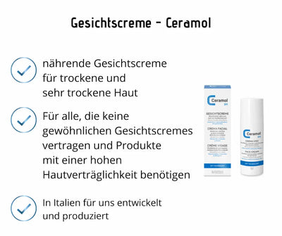 nfografik zur Ceramol 311 Gesichtscreme mit Verpackung und Spender, hervorgehoben für trockene Haut und hohe Hautverträglichkeit