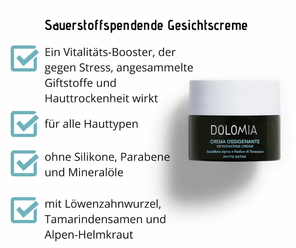 Sauerstoffspendende Gesichtscreme von Dolomia im dunklen Tiegel, Infografik mit Hinweisen zu Vitalität, allen Hauttypen und Inhaltsstoffen