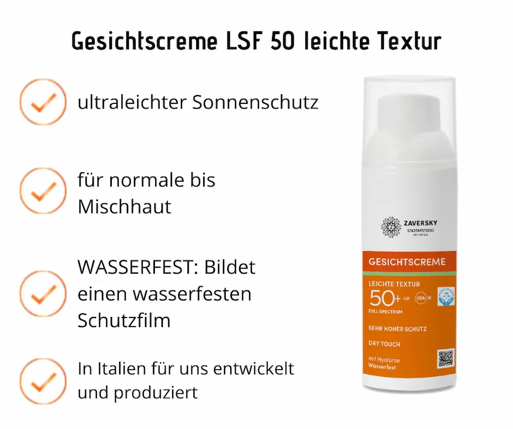 Zaversky Gesichtscreme LSF 50+ in weißem Pumpspender, Infografik mit Hinweisen zu leichter Textur, sehr hohem Schutz und wasserfester Formel