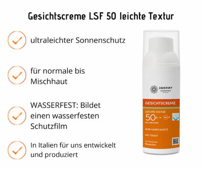 Zaversky Gesichtscreme LSF 50+ in weißem Pumpspender, Infografik mit Hinweisen zu leichter Textur, sehr hohem Schutz und wasserfester Formel
