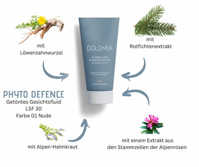 Dolomia Fluido Luce e Colore Phyto Defence LSF 30 in Nude, getöntes Gesichtsfluid mit Löwenzahnwurzel, Rotfichtenextrakt, Alpen-Helmkraut und Alpenrosen-Stammzellen