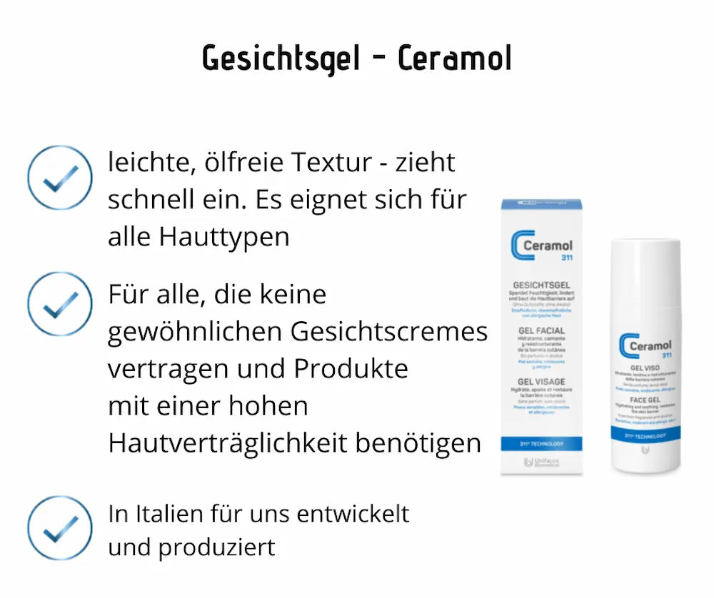 Infografik zum Ceramol 311 Gesichtsgel mit Verpackung und Pumpspender, hebt leichte ölfreie Textur und hohe Hautverträglichkeit hervor.