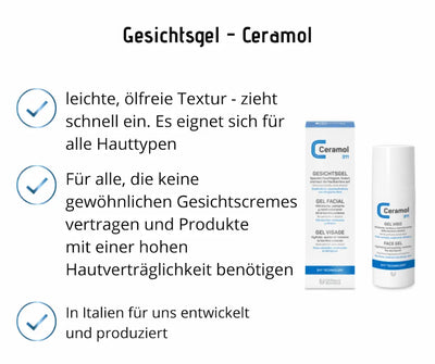 Infografik zum Ceramol 311 Gesichtsgel mit Verpackung und Pumpspender, hebt leichte ölfreie Textur und hohe Hautverträglichkeit hervor.