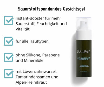 Sauerstoffspendendes Gesichtsgel von Dolomia in dunkler Pumpflasche, Infografik mit Vorteilen wie mehr Sauerstoff, Feuchtigkeit und für alle Hauttypen.