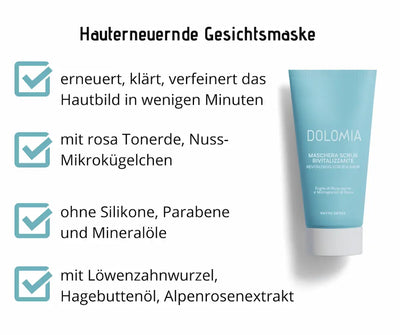 Dolomia Hauterneuernde Gesichtsmaske, hellblaue Tube, Maschera Scrub Rivitalizzante, mit Vorteilen wie rosa Tonerde und ohne Silikone
