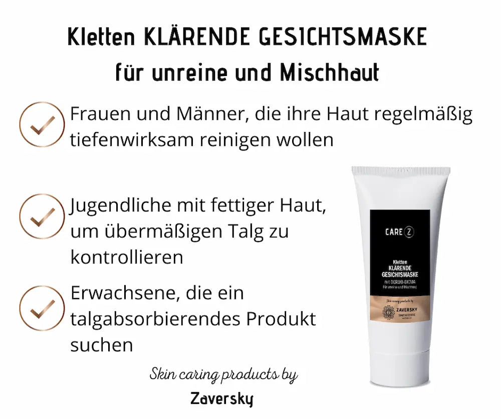Infografik zur klärenden Gesichtsmaske CARE Z von Zaversky für unreine und Mischhaut, mit weißer Tube und drei Anwendungshinweisen.