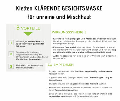 Infografik zur klärenden Gesichtsmaske für unreine und Mischhaut mit 3 Vorteilen, Wirkungssynergie und Anwendungsempfehlungen.