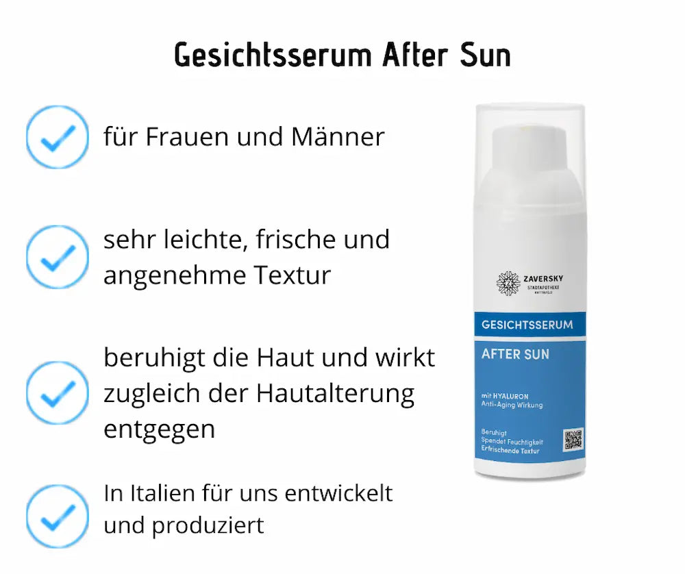 Infografik zum Zaversky Gesichtsserum After Sun im weißen Spender mit blauem Etikett, daneben vier Vorteile mit blauen Häkchen