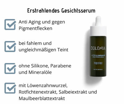 Dolomia Latte Illuminante Brightening Serum in dunkler Tropfflasche, Infografik zu Anti-Aging-Pflege gegen Pigmentflecken und für strahlenden Teint