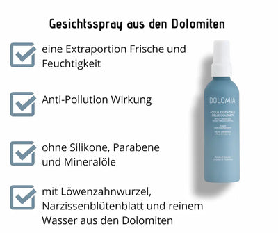 Dolomia Gesichtsspray „Acqua Essenziale delle Dolomiti“ in blauer Sprühflasche, Infografik zu Frische, Feuchtigkeit und Anti-Pollution-Wirkung