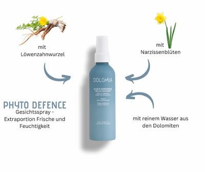 Dolomia Phyto Defence Gesichtsspray, blaue Sprühflasche, mit Hinweisen auf Löwenzahnwurzel, Narzissenblüten und reinem Dolomiten-Wasser