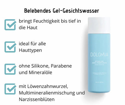 Dolomia Acqua Gel Gesichtswasser in hellblauer Flasche, Infografik mit Vorteilen: Feuchtigkeit, für alle Hauttypen, ohne Silikone