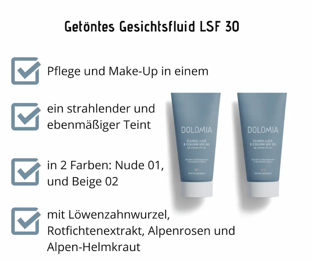 Infografik zum getönten Gesichtsfluid LSF 30 von Dolomia mit zwei graublauen Tuben in den Farben Nude 01 und Beige 02