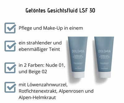 Infografik zum getönten Gesichtsfluid LSF 30 von Dolomia mit zwei graublauen Tuben in den Farben Nude 01 und Beige 02