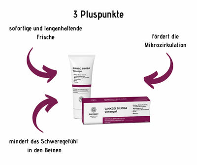  Infografik zum Ginkgo Biloba Venengel mit Tube und Schachtel, drei Pluspunkte: Frische, fördert die Mikrozirkulation, mindert das Schweregefühl in den Beinen