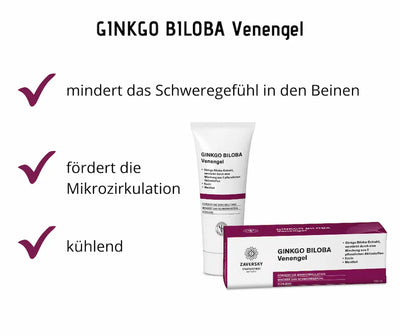 Ginkgo Biloba Venengel von Zaversky als Tube und Verpackung, Infografik mit Hinweisen zu Mikrozirkulation, Schweregefühl und kühlender Wirkung