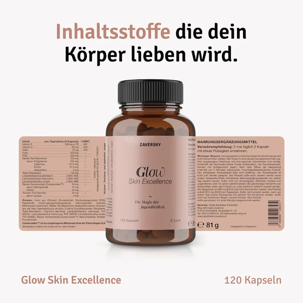 Glow Skin Excellence Kapseln von Zaversky in Braunglasflasche mit ausgerolltem Etikett, Inhaltsstoffe und Verzehrempfehlung sichtbar, 120 Kapseln.