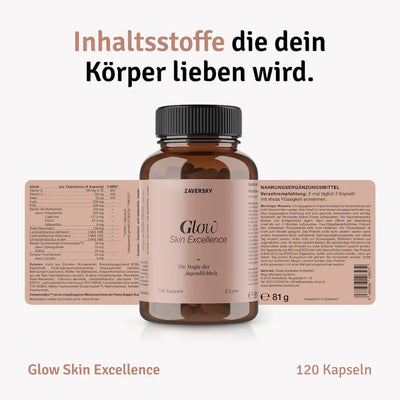 Glow Skin Excellence Kapseln von Zaversky in Braunglasflasche mit ausgerolltem Etikett, Inhaltsstoffe und Verzehrempfehlung sichtbar, 120 Kapseln.