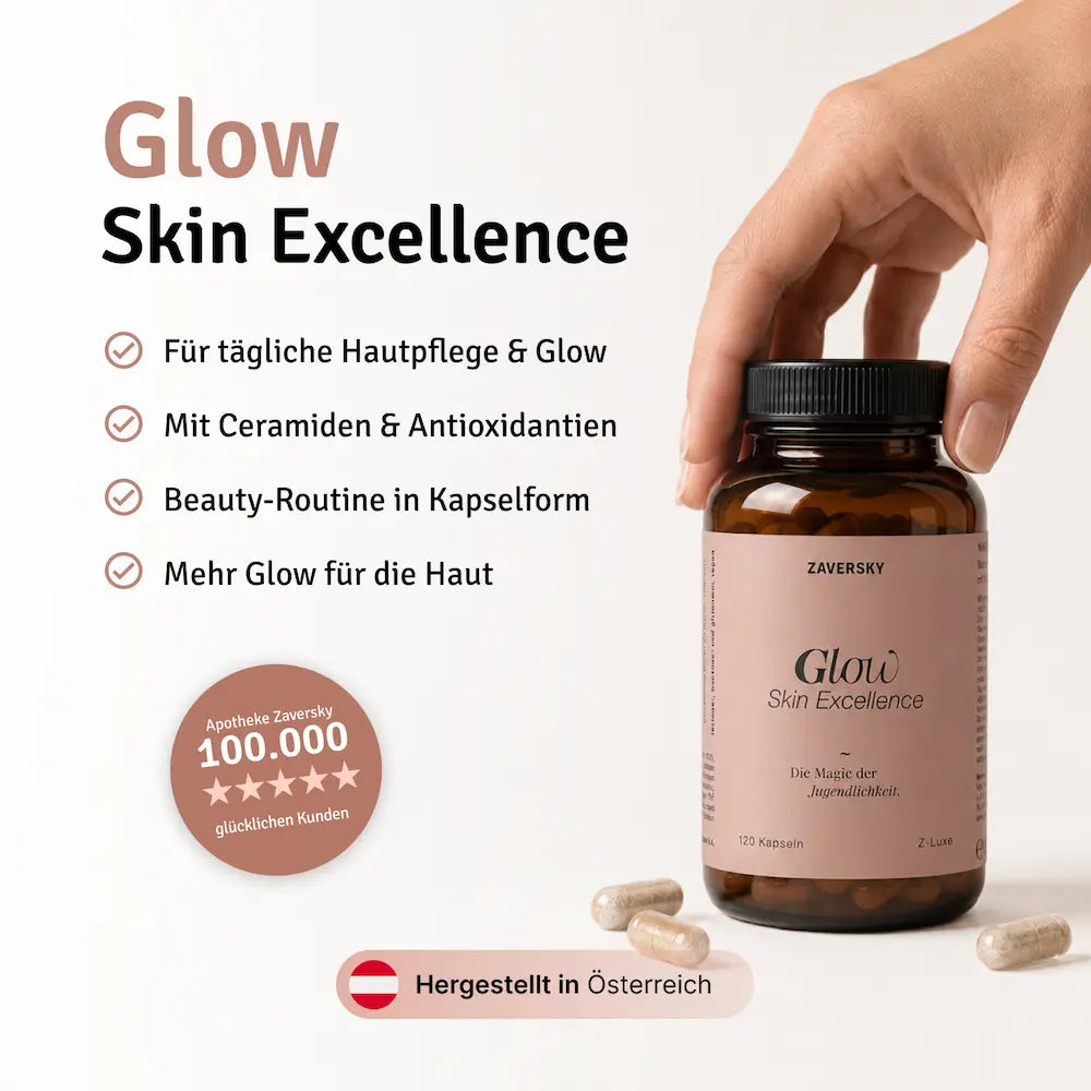 Glow Skin Excellence Kapseln von Zaversky im Braunglas mit 120 Kapseln, Hand hält Dose, Merkmale für tägliche Hautpflege, Ceramide und Antioxidantien