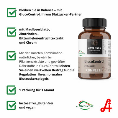 GlucoControl Kapseln von Zaversky Stadtapotheke Knittelfeld im Braunglas, 30 Kapseln, mit Reducose, lactosefrei, glutenfrei und vegan
