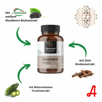 Zaversky GlucoControl Complete 30 Kapseln im Braunglas mit Reducose, Maulbeerblatt-, Zimtrinden- und Bittermelonenextrakt
