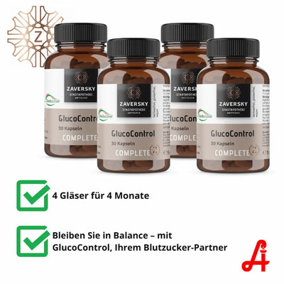 Vier braune Glasdosen GlucoControl Complete Kapseln der Stadtapotheke Zaversky, je 30 Kapseln, mit Reducose-Hinweis und Z-Logo.
