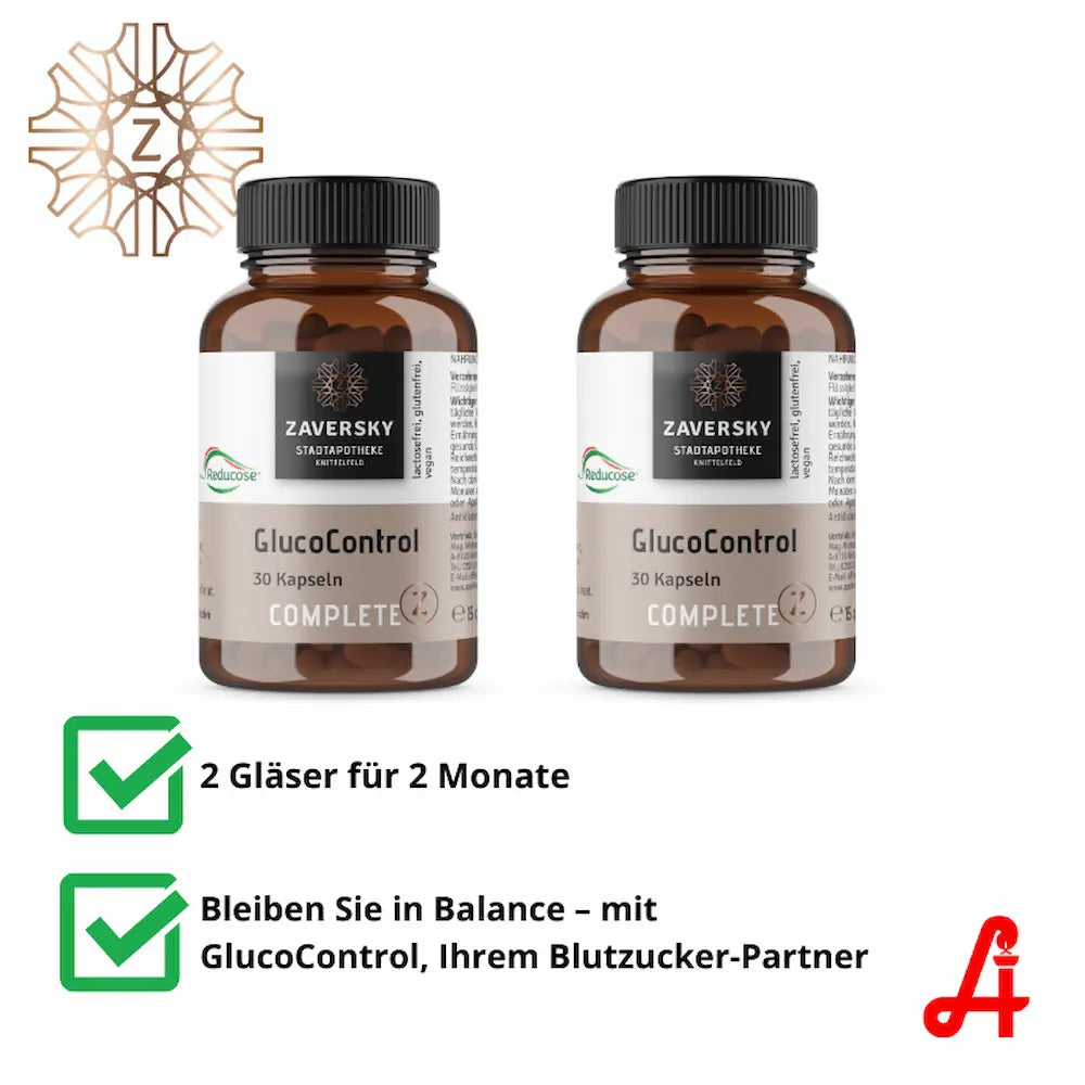Zwei braune Glasflaschen GlucoControl Complete mit je 30 Kapseln, Zaversky Stadtapotheke Knittelfeld, Vorratspackung für 2 Monate