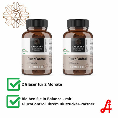 Zwei braune Glasflaschen GlucoControl Complete mit je 30 Kapseln, Zaversky Stadtapotheke Knittelfeld, Vorratspackung für 2 Monate