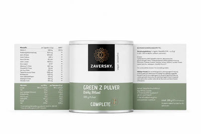 ZAVERSKY Green Z Pulver Daily Ritual, weiß-grüne 300 g Dose mit aufgeklapptem Etikett samt Nährwerttabelle und Zutatenliste