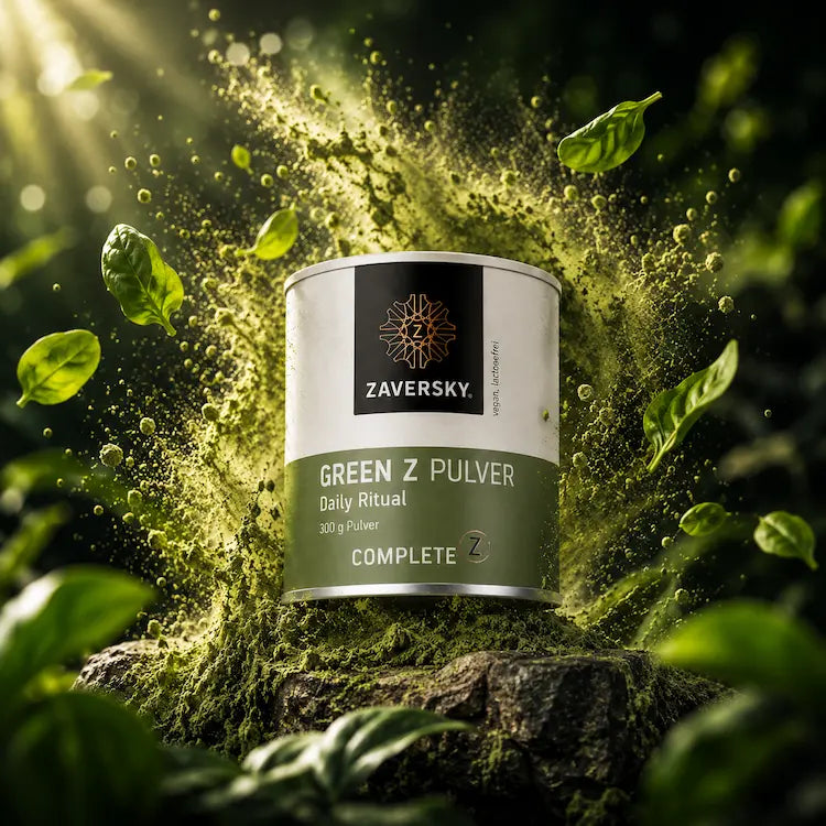 Zaversky Green Z Pulver Daily Ritual, 300 g Dose mit grün-weißem Etikett, umgeben von grünem Pulver und frischen Blättern