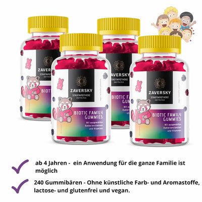 Vier Dosen Zaversky Biotic Family Gummies mit gelbem Deckel, rotem Panda-Motiv und Hinweisen ab 4 Jahren, 240 Stück, vegan