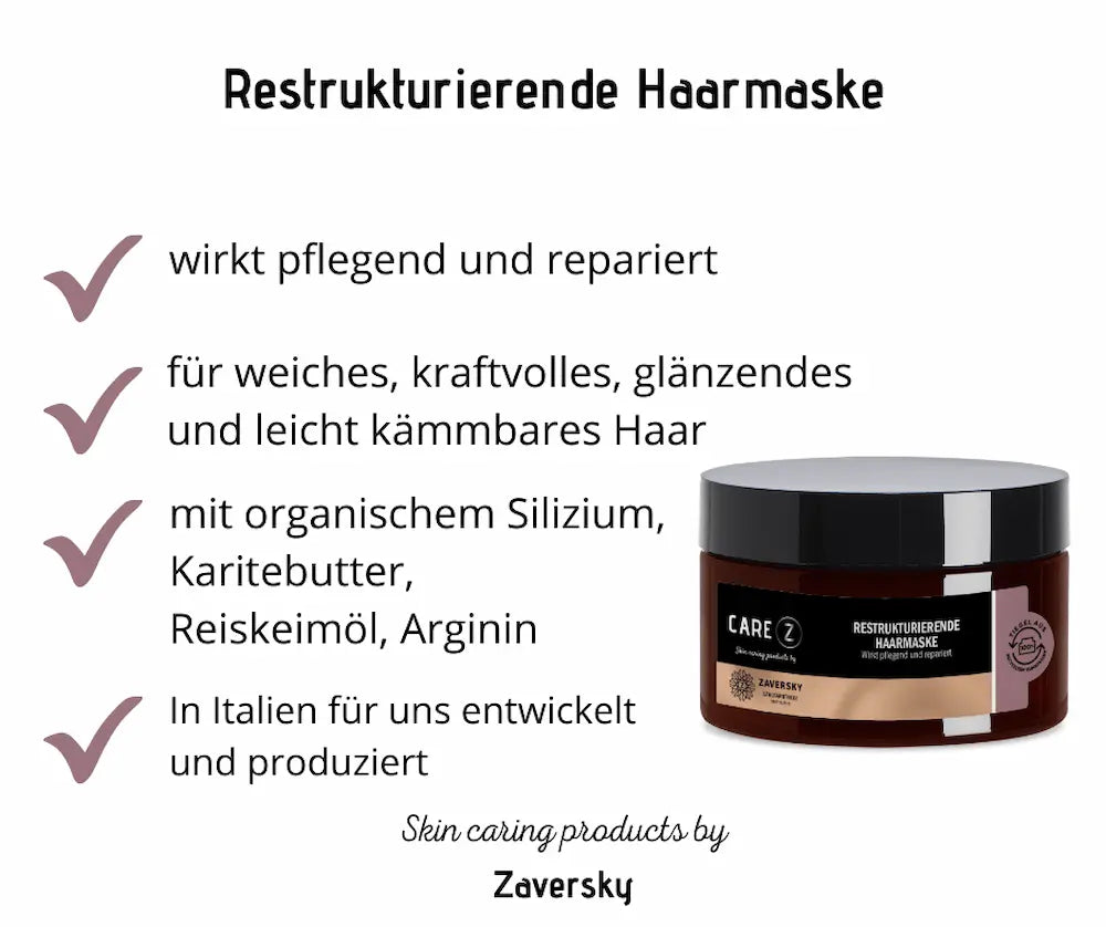 Infografik zur Care Z Restrukturierenden Haarmaske von Zaversky mit Wirkung, Inhaltsstoffen wie Karitebutter und Tiegel in Braun