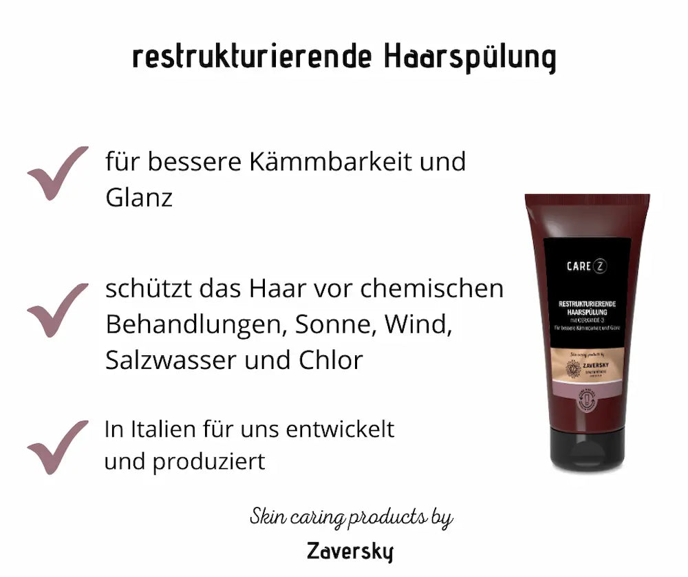 Care Z restrukturierende Haarspülung mit Ceramide-3 in brauner Tube, Infografik mit Vorteilen für Kämmbarkeit und Glanz von Zaversky