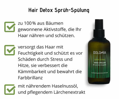 Dolomia Hair Detox Sprüh-Spülung in grüner Flasche mit schwarzem Sprühkopf, Infografik mit drei Produktvorteilen