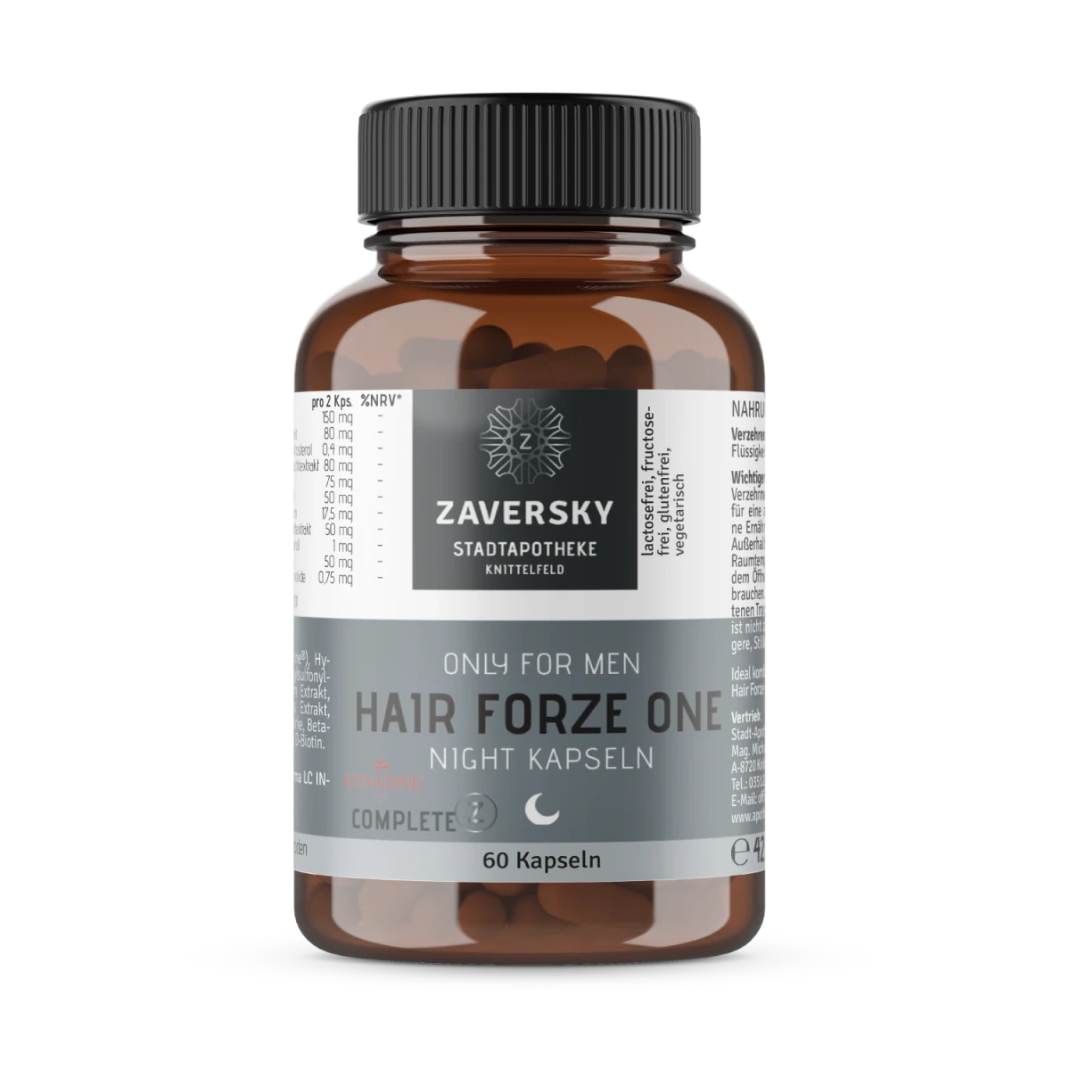 Braunglas-Dose Zaversky Hair Forze One Night Kapseln, Only for Men, 60 Kapseln, mit grauem Etikett und schwarzem Deckel