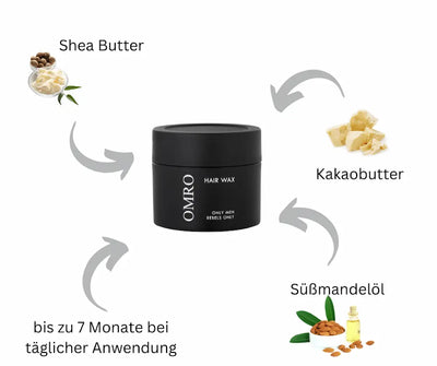 OMRO Hair Wax im schwarzen Tiegel mit Inhaltsstoffen Shea Butter, Kakaobutter und Süßmandelöl, bis zu 7 Monate Anwendung
