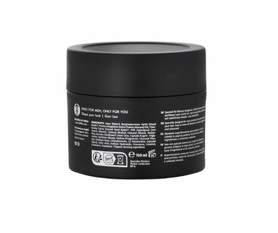 OMRO Grey Line Hair Wax für Männer im schwarzen Tiegel, 150 ml, Rückseite mit Inhaltsstoffen und mehrsprachiger Produktbeschreibung.