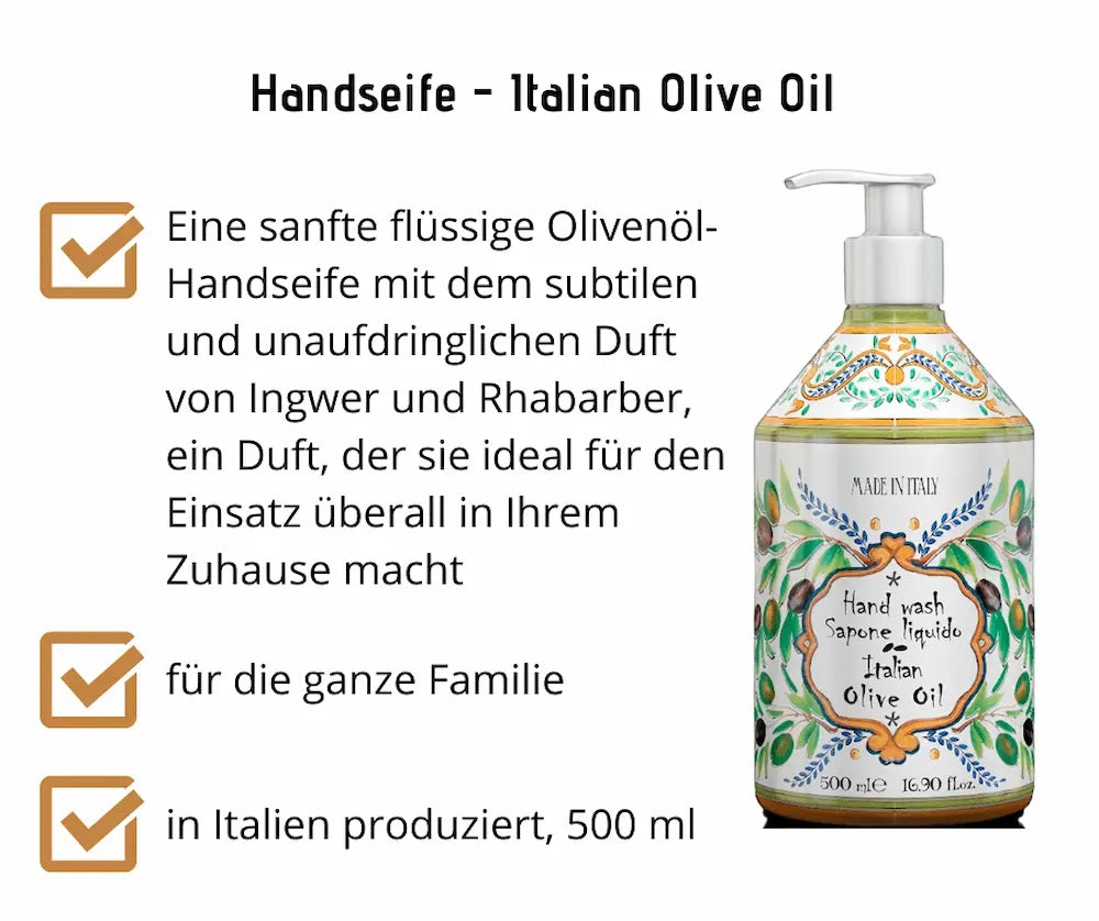 Infografik zur flüssigen Handseife Italian Olive Oil in dekorativer 500 ml Pumpflasche mit Oliven-Motiv, Made in Italy