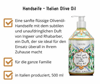 Infografik zur flüssigen Handseife Italian Olive Oil in dekorativer 500 ml Pumpflasche mit Oliven-Motiv, Made in Italy