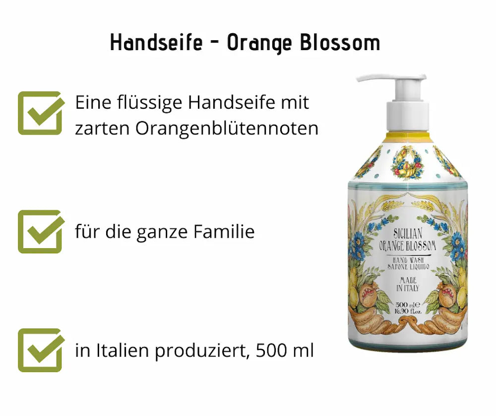Flüssige Handseife Sicilian Orange Blossom im 500 ml Pumpspender mit floralem Dekor, Infografik mit Produktmerkmalen.