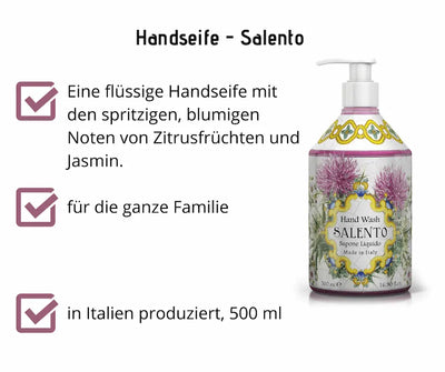 Flüssige Handseife Salento im 500 ml Pumpspender mit Distel-Motiv, Zitrus- und Jasminduft, in Italien produziert, für die ganze Familie.
