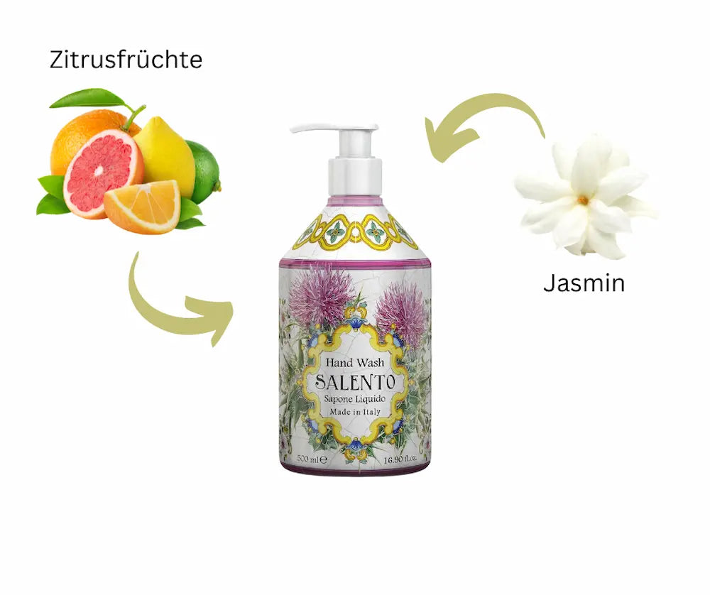 Flüssige Handseife Salento Sapone Liquido im 500 ml Pumpspender mit floralem Etikett, Infografik mit Zitrusfrüchten und Jasmin