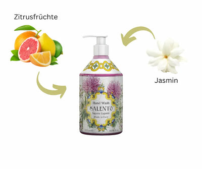 Flüssige Handseife Salento Sapone Liquido im 500 ml Pumpspender mit floralem Etikett, Infografik mit Zitrusfrüchten und Jasmin