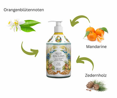 Flüssige Handseife Sicilian Orange Blossom in 500 ml Pumpflasche mit Duftnoten Orangenblüte, Mandarine und Zedernholz.