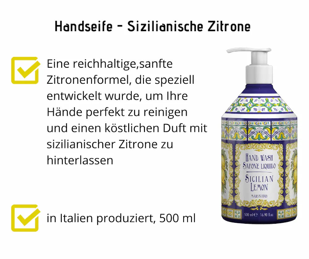 Flüssige Handseife Sizilianische Zitrone in Pumpflasche mit blau-gelbem Fliesendekor, 500 ml, hergestellt in Italien, Infografik mit Produktmerkmalen.