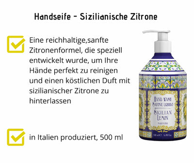 Flüssige Handseife Sizilianische Zitrone in Pumpflasche mit blau-gelbem Fliesendekor, 500 ml, hergestellt in Italien, Infografik mit Produktmerkmalen.