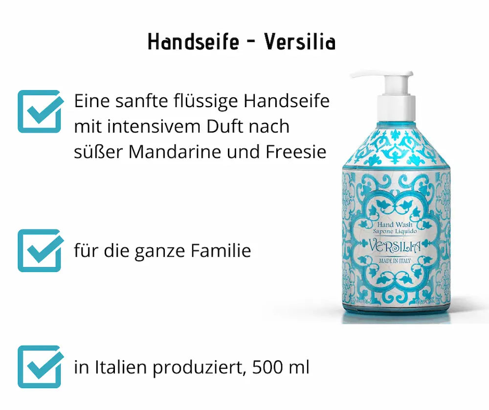 Flüssige Handseife Versilia in türkis gemusterter Pumpflasche, 500 ml, mit Duft nach Mandarine und Freesie, made in Italy