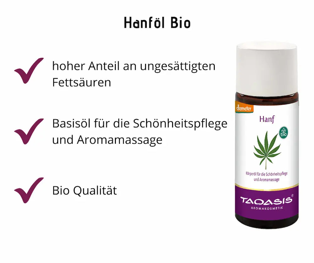 Infografik zu Taoasis Hanföl Bio mit brauner Flasche und weißem Deckel, Vorteile: hoher Anteil an ungesättigten Fettsäuren, Basisöl für Schönheitspflege und Aromamassage, Bio Qualität
