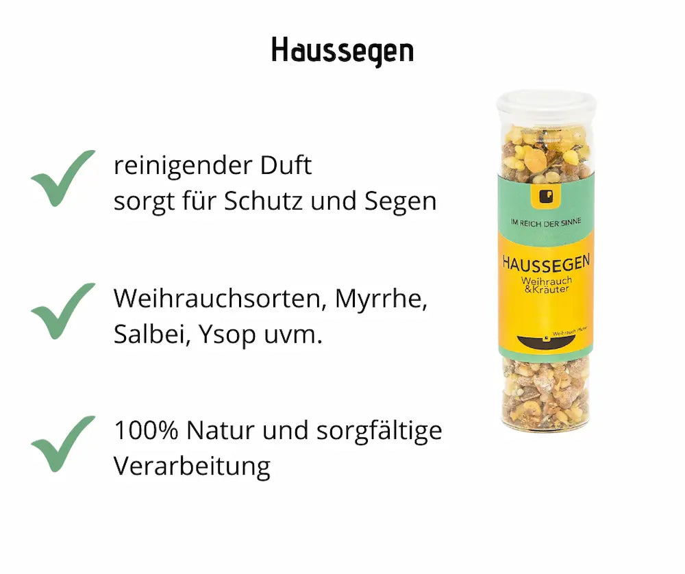 Infografik zu Haussegen Weihrauch & Kräuter im Glasröhrchen mit Vorteilen: reinigender Duft, Weihrauchsorten, Myrrhe, Salbei, Ysop, 100% Natur